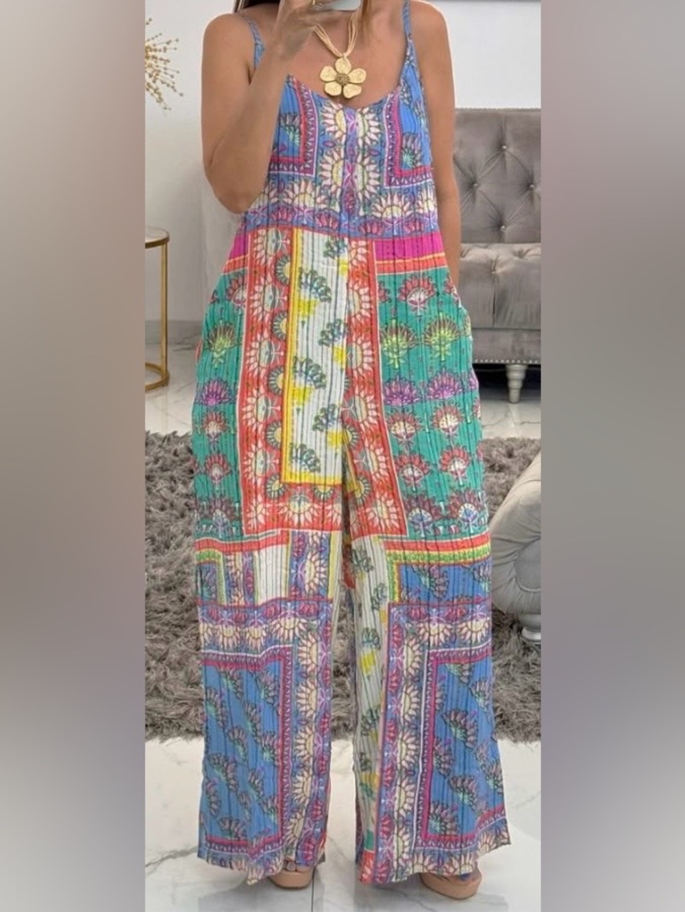 Bohemian Multicolor Wide-Leg Jumpsuit Pants Free Sz
